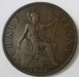 Authentic United Kingdom Issue Coin, Dated 1932, Half 1/2 Penny, Discontinued Great Britain, Copper Content
