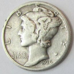 Authentic 1936P MERCURY SILVER DIME $.10, PHILADELPHIA Mint, 90 Percent Silver, Discontinued United States