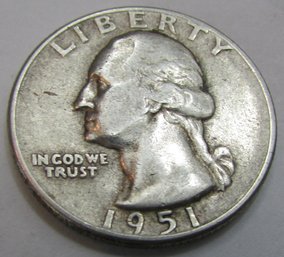 Authentic 1951D WASHINGTON QUARTER Dollar, Twenty Five Cents $.25, DENVER Mint, 90 Percent SILVER, USA