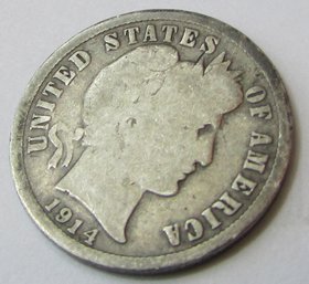 Authentic 1914P BARBER Or LIBERTY SILVER DIME $.10, PHILADELPHIA Mint, 90 Percent Silver, United States
