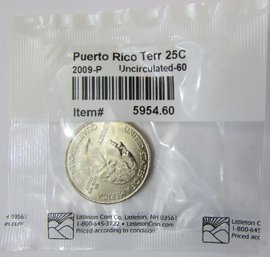 Authentic 2009P Washington Quarter, Commemorative PUERTO RICO, Philadelphia Mint, BU, Copper Nickel Clad