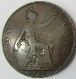 Authentic Great Britain Issue Coin, Dated 1920, One 1 PENNY Denomination, Discontinued, Copper Content
