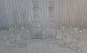 Vintage 10 Piece LIQUEUR SET, 2 Decanters & 8 Glasses, Etched Floral Design, Clear Glass, Approx 8' Tall