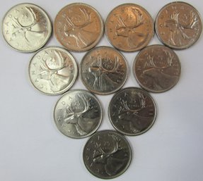 SET Of 10 COINS! Authentic CANADA Issue, Stag Deer Quarters $.25, Mixed Dates, Discontinued Type Coins