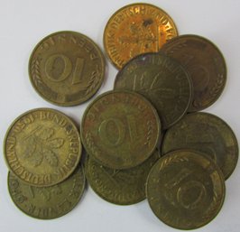 LOT Of 10 Coins! Authentic Germany Issue, Mixed Dates, Ten 10 PFENNIG Denomination, Brass Clad Steel