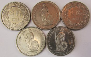 Set 5 Coins! Authentic Switzerland Issue Coins, Mixed Dates, Two 2 Swiss Francs, Copper Nickel Content