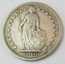 Authentic Switzerland Issue Coin, Dated 1907B, Helvetia, One 1 Swiss Franc, Silver Content
