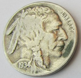 Authentic 1934P BUFFALO NICKEL $.05, PHILADELPHIA Mint, Discontinued Design, United States Type Coin