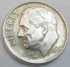 Authentic 1964P ROOSEVELT SILVER DIME $.10, Philadelphia Mint, 90 Percent Silver, United States