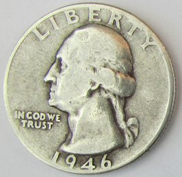 Authentic 1946P WASHINGTON SILVER QUARTER Dollar $.25, Philadelphia Mint, 90 Percent Silver, United States