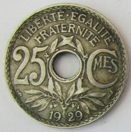 Authentic FRANCE Issue Coin, Dated 1929, Twenty Five 25 CENTIMES, Copper Nickel Content, Discontinued Style