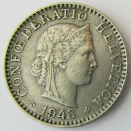 Authentic SWITZERLAND Issue Coin, Dated 1943B, Twenty 20 RAPPEN, Discontinued Design, Copper Nickel Content
