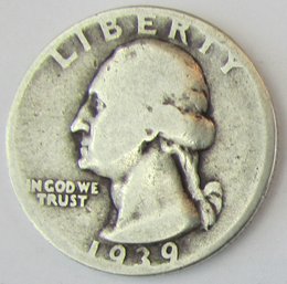 Authentic 1939P WASHINGTON SILVER QUARTER Dollar $.25, Philadelphia Mint, 90 Percent Silver, United States