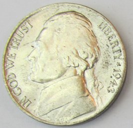 Authentic JEFFERSON Wartime NICKEL $.05, Dated 1943P, Philadelphia Mint, 35 Percent Silver, Discontinued