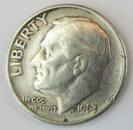 Authentic 1963P ROOSEVELT SILVER DIME $.10, Philadelphia Mint, 90 Percent Silver, United States