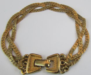 Vintage Flat CHAIN Bracelet, BRAIDED Triple Strand Design, Gold Tone Base Metal, Functional Clasp Closure