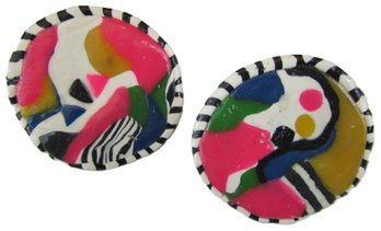 Vintage Pierced EARRINGS, Multicolor, Handmade Disc Shape, Circa 1980s, Post Backings