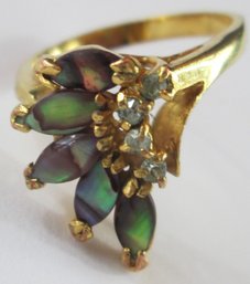 Contemporary Finger Ring, ABALONE Inserts & Clear Rhinestones, Gold Tone Base Metal Setting, Appx Size 7
