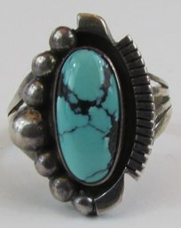 Signed MONTE Southwest Design RING, Polished TURQUOISE Stone, Sterling .925 Silver Setting, Approx Size 7.75