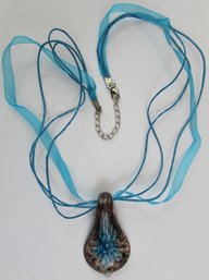 Handmade ARTISAN Necklace, CORD & Organza Ribbon Style With ART GLASS Pendant, Clasp Closure