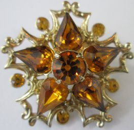 Vintage BROOCH PIN, Lightweight SNOWFLAKE Shape, Amber Color Faceted Rhinestones, Gold Tone Base Metal Setting