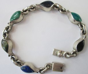Vintage Link Bracelet, Multicolor FISH Shape Cabochons, Sterling .925 Silver Setting, MEXICO, Functional Clasp