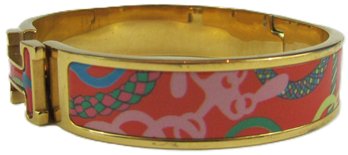 Contemporary Hinged BANGLE BRACELET, 'H' Initial Design, Red Decoration, Gold Tone Base Metal Construction