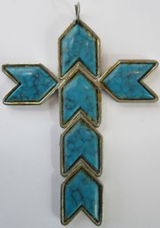 Vintage Drop PENDANT, Crucifix Cross, Faux Turquoise Silver Tone Base Metal Construction, Ready For Your Chain