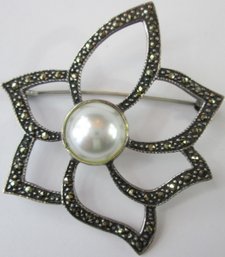 Vintage Brooch Pin, Faux Pearl Cabochon, Faceted Marcasite Stones, Sterling .925 Silver Setting