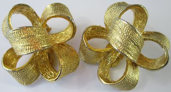 Vintage Pair CLIP Earrings, RIBBON BOW Design, Gold Tone Base Metal Settings