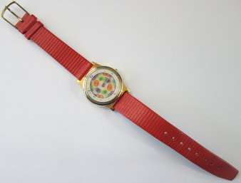 Signed Le JOUR, Vintage 1986 SIXTY Wristwatch, Gold Tone Base Metal Case, Ribbed RED Leather Band