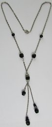 Vintage Chain Necklace, Triple Drop Pendants, Black Beads, Silver Tone Base Metal Construction, Clasp Closure