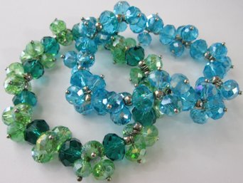Set Of 2! Contemporary Bead Bracelets, Faceted Blue & Green Beads, Stretchy Expandable