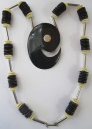 Vintage Bead Necklace, Oversized Faux BONE Pendant, Base Metal Accent Beads, Made In INDIA, Hook Closure