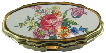 Hinged PILL BOX, Multicolor FLORAL Design, Gold Tone Base Metal Construction