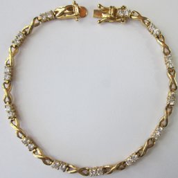 Vintage Link Bracelet, Tennis Style, Crystal Clear Color Rhinestones, Gold Tone Base Metal Setting, Clasp