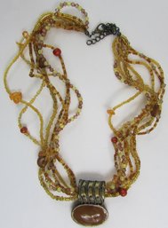 Vintage Draped Necklace, Multi-Strand BEAD Design, Drop Pendant, Tonal Amber Colors, Base Metal Clasp Closure