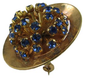 Vintage BROOCH PIN, Dimensional FLOWER Bloom Design, Multiple BLUE Rhinestones, Gold Tone Base Metal