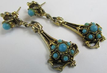 Contemporary Pierced DANGLE Earrings, Faux Turquoise Cabochon Accents, Post Backings, Gold Tone Base Metal