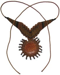 Vintage Bead Necklace, Braided Tribal Design, SHIELD MEDALLION Pendant, Tie Back