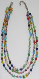 Vintage Triple STRAND NECKLACE, Multicolor Glass BEADS, Chain Construction, Approx 18' Length, Clasp Closure
