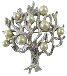 Signed TRIFARI, Vintage Brooch Pin, TREE Of LIFE Design, Faux Pearls, Florentine Silver Tone Base Metal Finish