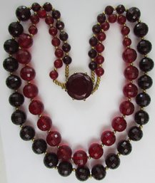 Vintage Double Strand Necklace, Graduated OVERSIZED Tonal RED Beads, Gold Tone Base Metal Accents, Clasp