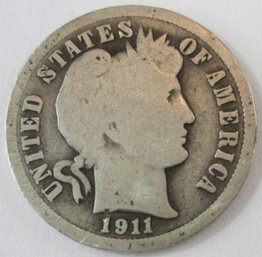 Authentic 1911P BARBER Or LIBERTY SILVER DIME $.10, Philadelphia Mint, 90 Percent Silver, United States