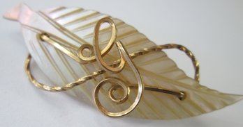 Vintage Brooch Pin, Sculptural Leaf Design, 'G' Initial, Polished Mother Of Pearl, Gold Tone Base Metal