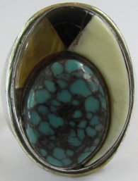 Vintage Southwest Design RING, Polished TURQUOISE Stone, Sterling .925 Silver Setting, Approx Size 10