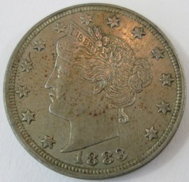 Authentic 1883P 'v' LIBERTY NICKEL $.05, United States, First Year Of Issue, Discontinued NO CENTS Type Coin
