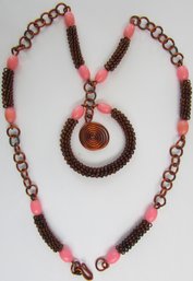 Vintage CHAIN Necklace, Drop Pendant, Pink Plastic Accent Beads, Copper Tone Base Metal, Hook & Loop Closure