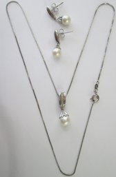 Contemporary 3PC NECKLACE & Pierced EARRINGS SET, Faux PEARLS & Rhinestones, STERLING .925 Silver