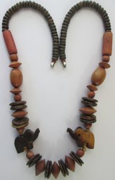 Vintage Bead Necklace, Whimsical ELEPHANT Accents, Earth Tones, Functional Barrel Closure